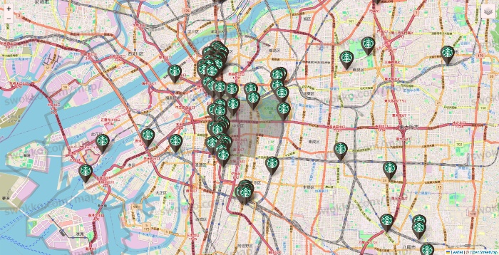 大阪府のスターバックスの店舗地図
