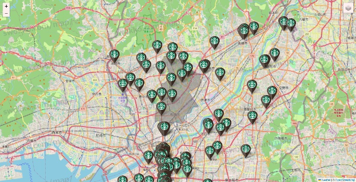 大阪府のスターバックスの店舗地図