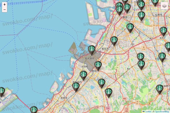 大阪府のスターバックスの店舗地図