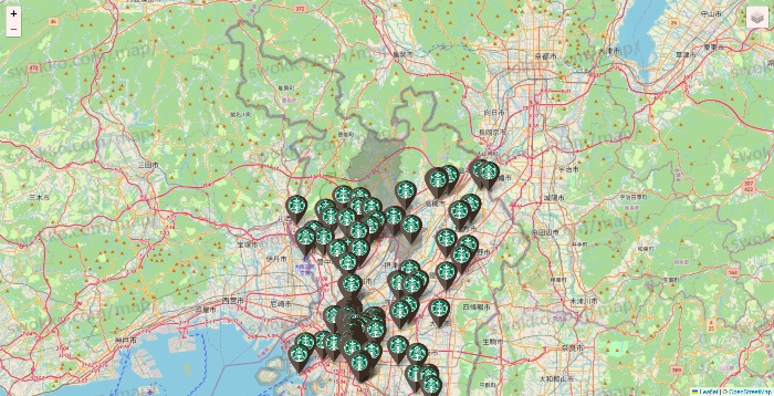 大阪府のスターバックスの店舗地図
