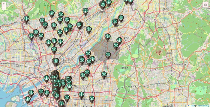 大阪府のスターバックスの店舗地図