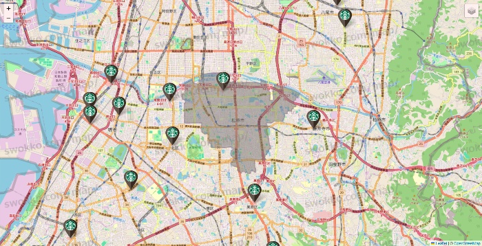 大阪府のスターバックスの店舗地図