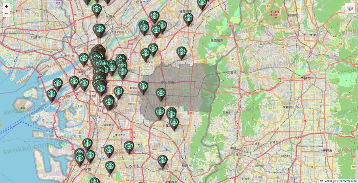 大阪府のスターバックスの店舗地図