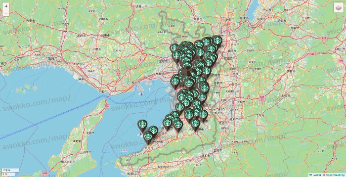 大阪府のスターバックスの店舗地図