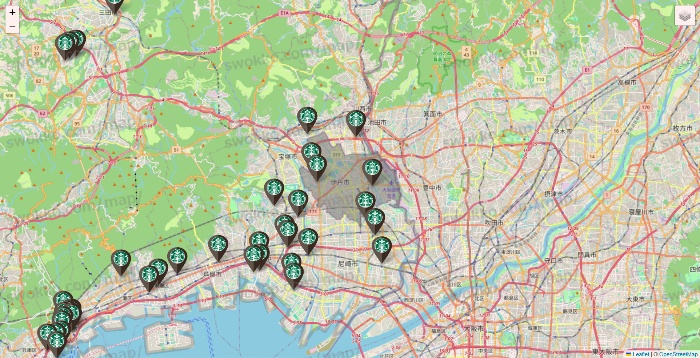 兵庫県のスターバックスの店舗地図