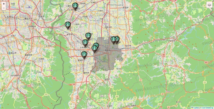 奈良県のスターバックスの店舗地図