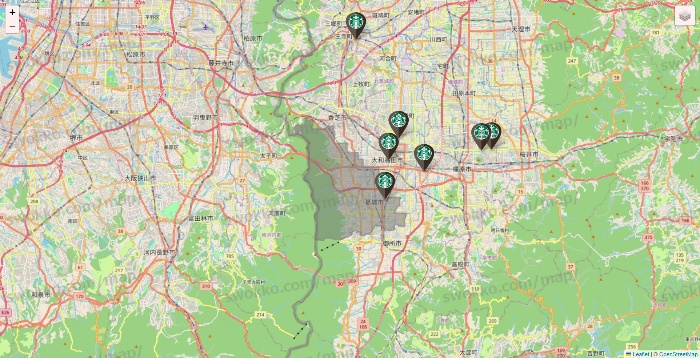 奈良県のスターバックスの店舗地図