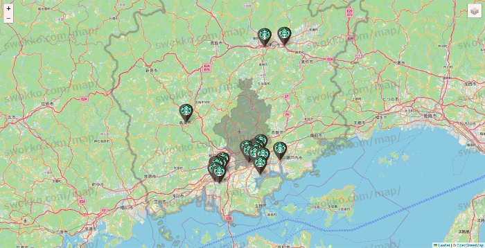岡山県のスターバックスの店舗地図
