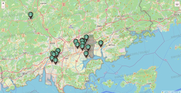 岡山県のスターバックスの店舗地図