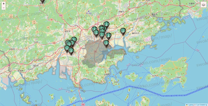 岡山県のスターバックスの店舗地図