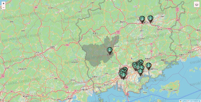 岡山県のスターバックスの店舗地図
