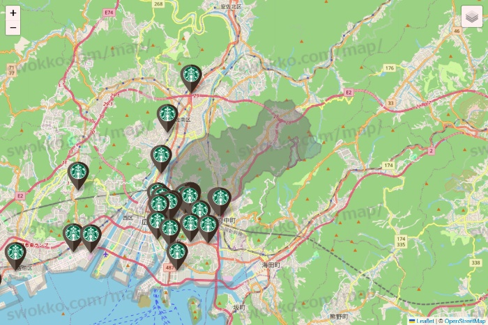 広島県のスターバックスの店舗地図