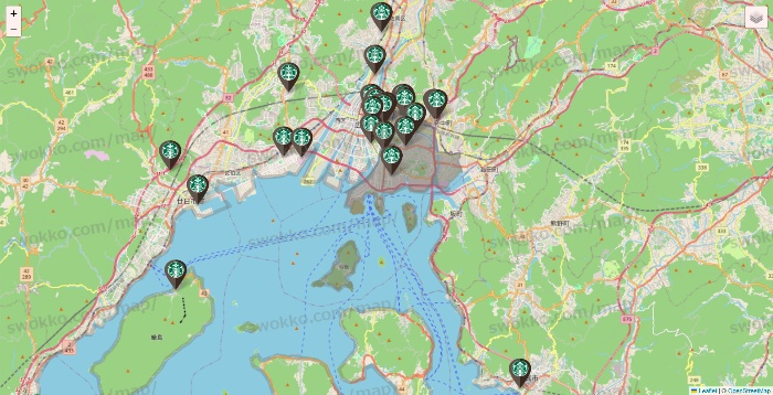 広島県のスターバックスの店舗地図