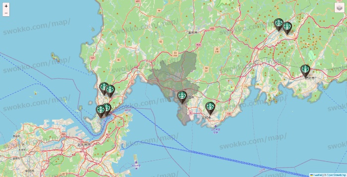 山口県のスターバックスの店舗地図