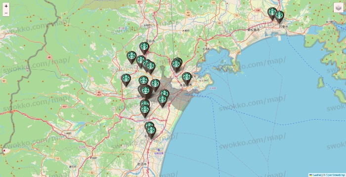 宮城県のスターバックスの店舗地図