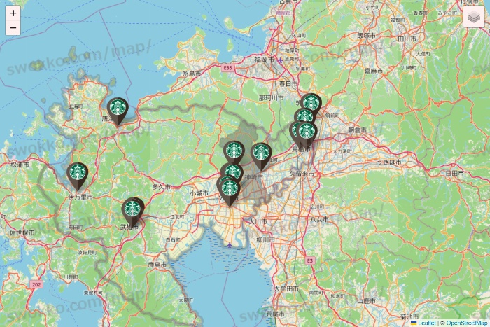 佐賀県のスターバックスの店舗地図