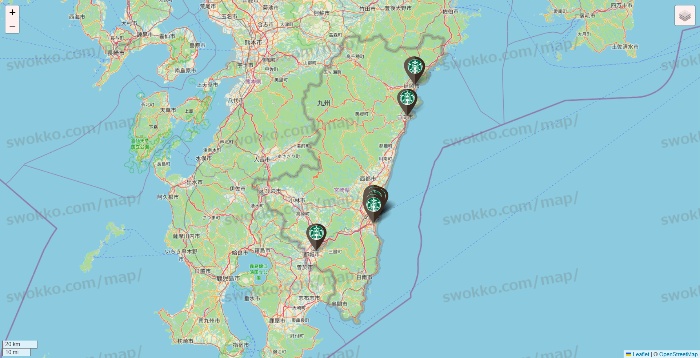 宮崎県のスターバックスの店舗地図