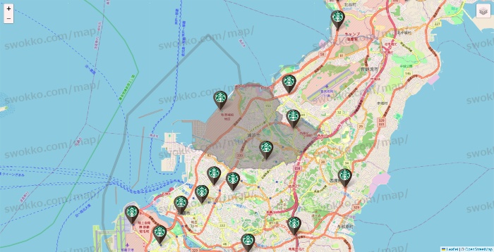 沖縄県のスターバックスの店舗地図