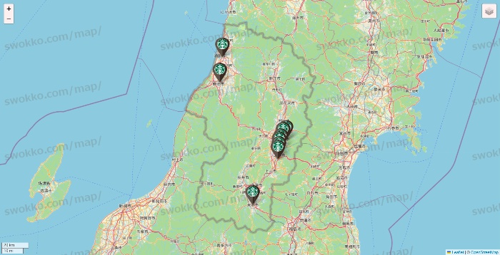 山形県のスターバックスの店舗地図