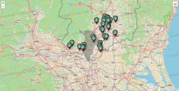栃木県のスターバックスの店舗地図