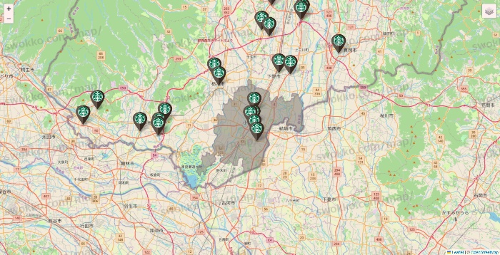栃木県のスターバックスの店舗地図