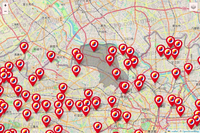 東京都のサンドラッグの店舗地図