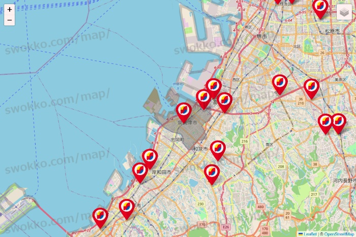大阪府のサンドラッグの店舗地図