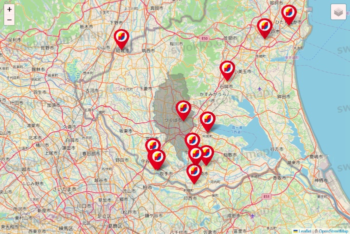 茨城県のサンドラッグの店舗地図