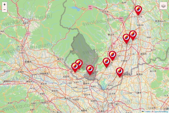 栃木県のサンドラッグの店舗地図