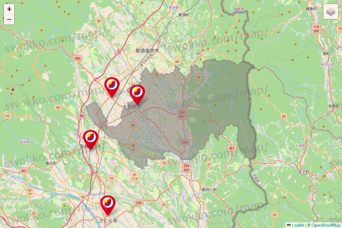 栃木県のサンドラッグの店舗地図