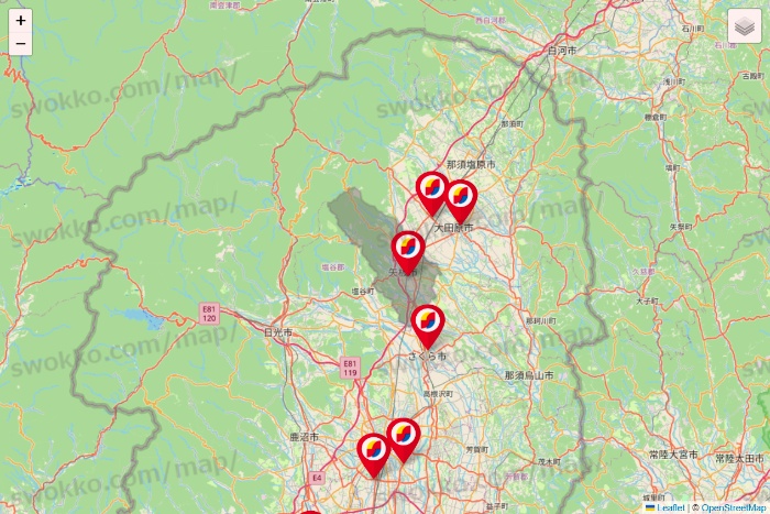 栃木県のサンドラッグの店舗地図