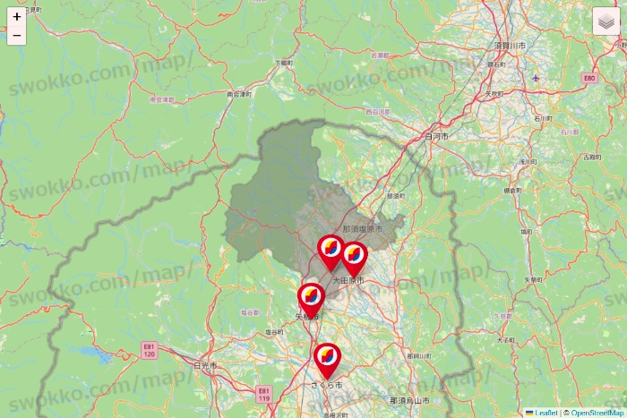 栃木県のサンドラッグの店舗地図