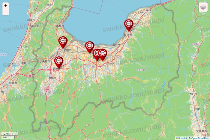 富山県のスシローの店舗地図