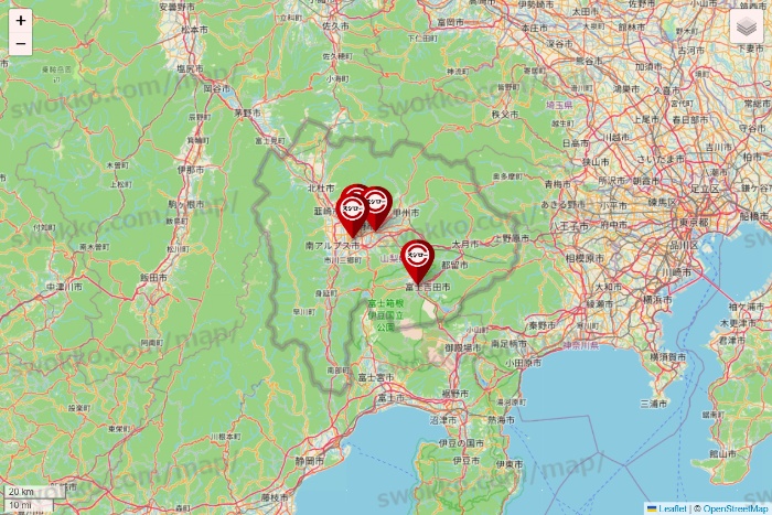山梨県のスシローの店舗地図