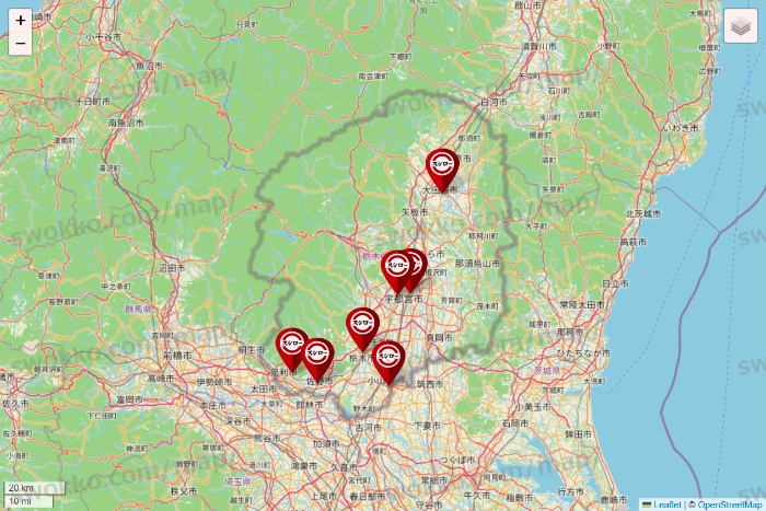栃木県のスシローの店舗地図