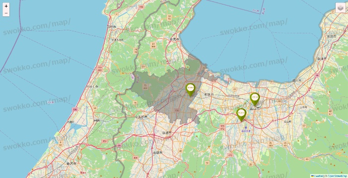 富山県の3COINSの店舗地図