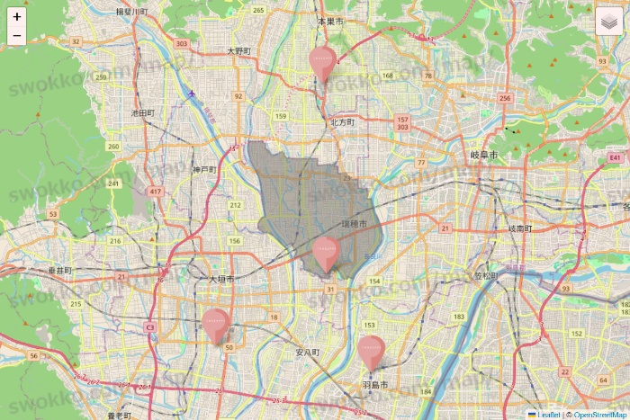 岐阜県のTHREEPPY・CouCouの店舗地図
