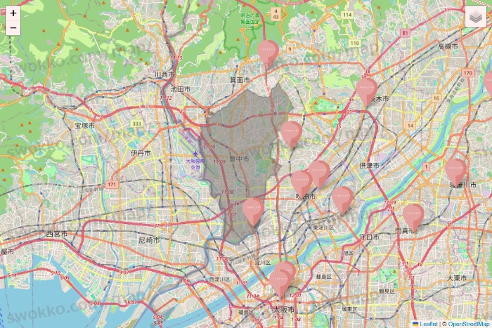 大阪府のTHREEPPY・CouCouの店舗地図