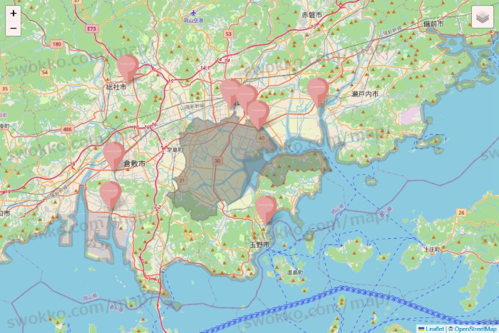 岡山県のTHREEPPY・CouCouの店舗地図