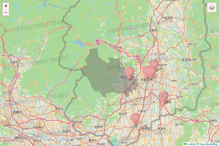 栃木県のTHREEPPY・CouCouの店舗地図