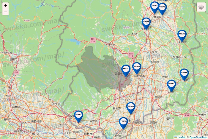 栃木県のトライアル（TRIAL）の店舗地図