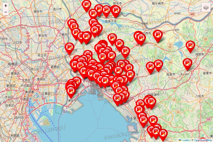 千葉県のツルハドラッグ系の店舗地図