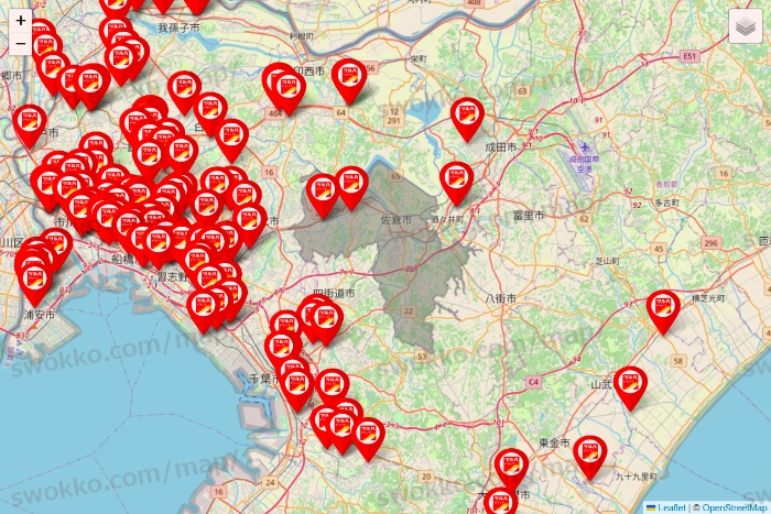 千葉県のツルハドラッグ系の店舗地図