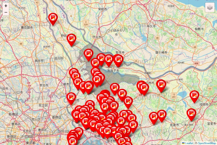 千葉県のツルハドラッグ系の店舗地図