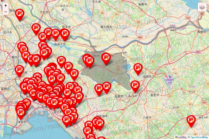 千葉県のツルハドラッグ系の店舗地図