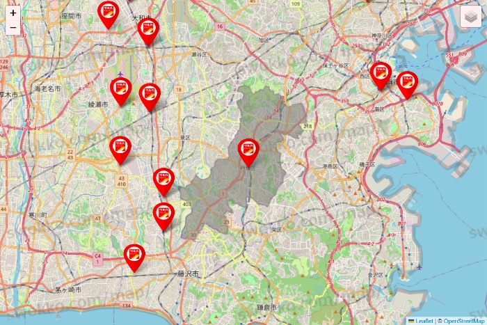 神奈川県のツルハドラッグ系の店舗地図