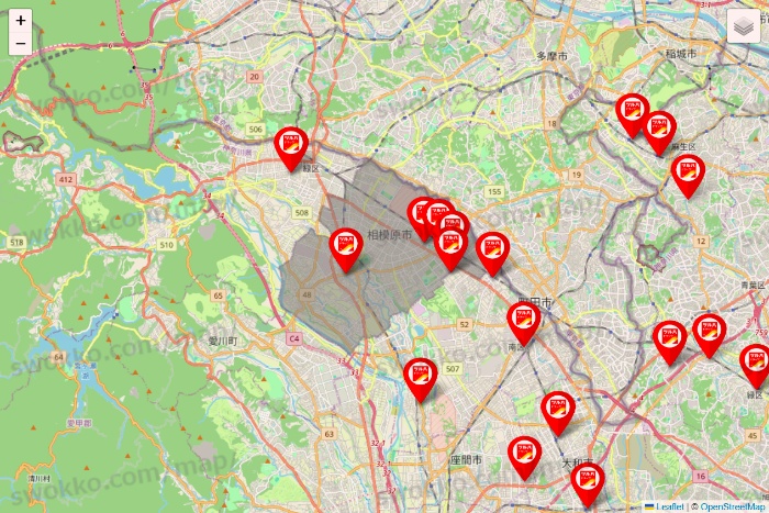 神奈川県のツルハドラッグ系の店舗地図