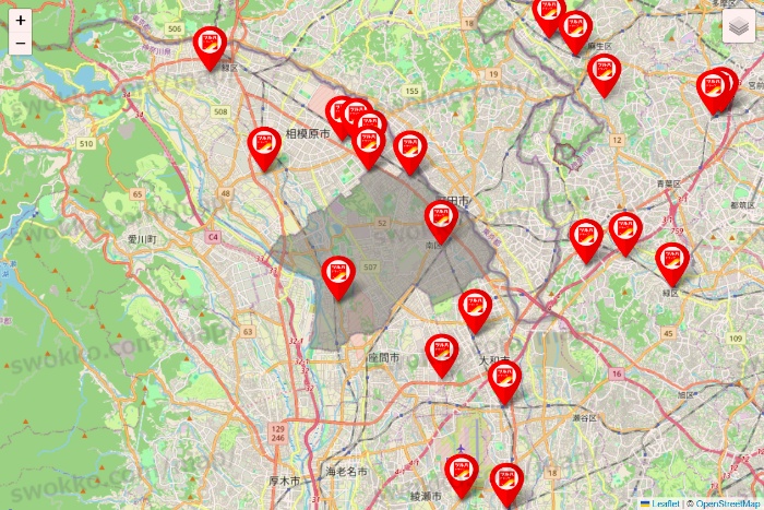 神奈川県のツルハドラッグ系の店舗地図