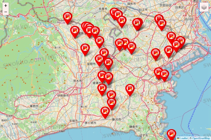 神奈川県のツルハドラッグ系の店舗地図