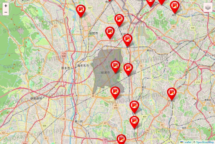 神奈川県のツルハドラッグ系の店舗地図